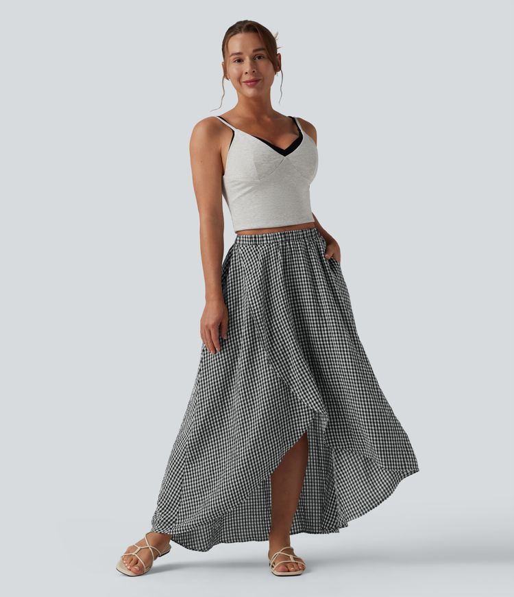 High Waisted High Low Plaid Flowy Midi Casual Linen-Feel Skirt with Pockets