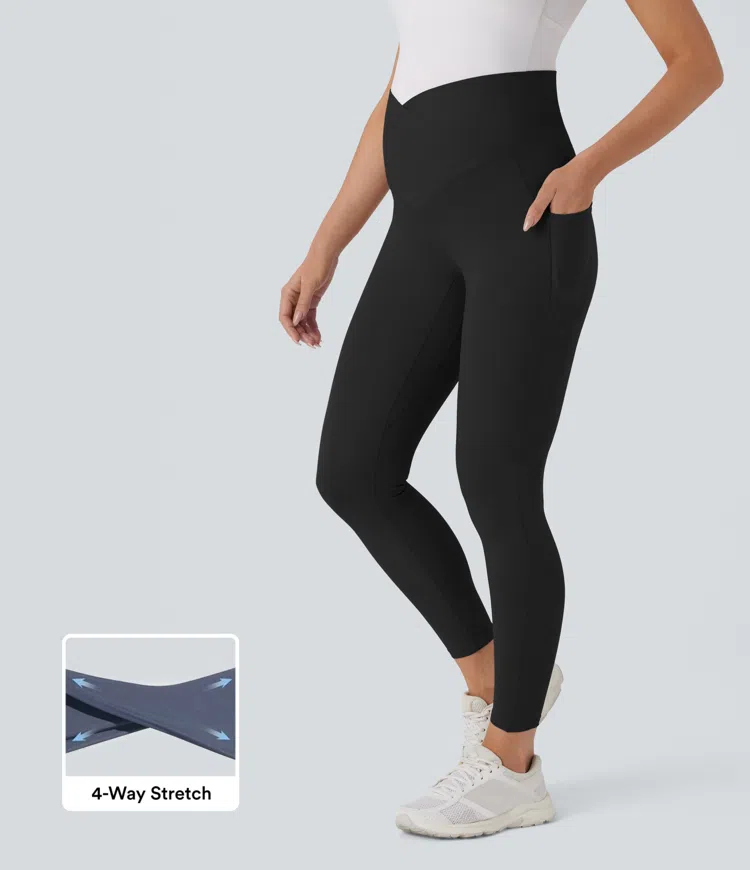 Black SoftlyZero™ Super High Waisted Crossover Pocket 7/8 Yoga Maternity Leggings / 1