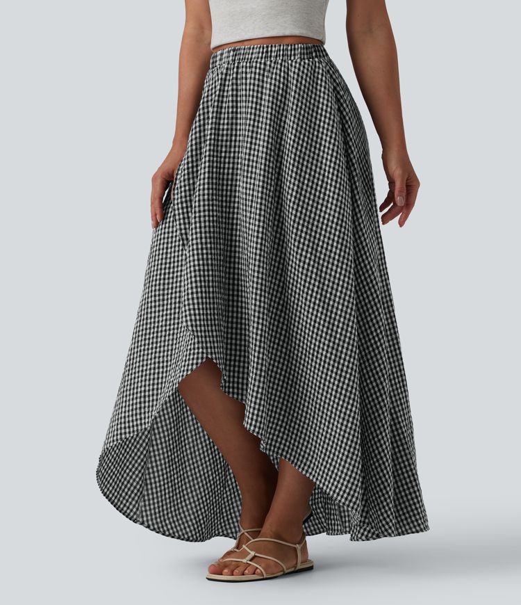 High Waisted High Low Plaid Flowy Midi Casual Linen-Feel Skirt with Pockets