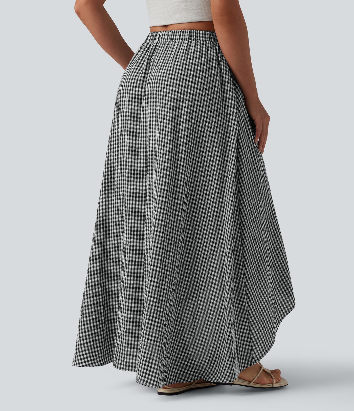 High Waisted High Low Plaid Flowy Midi Casual Linen-Feel Skirt with Pockets