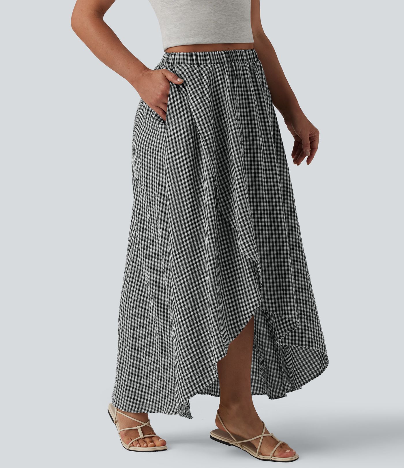 High Waisted High Low Plaid Flowy Midi Casual Linen-Feel Skirt with Pockets