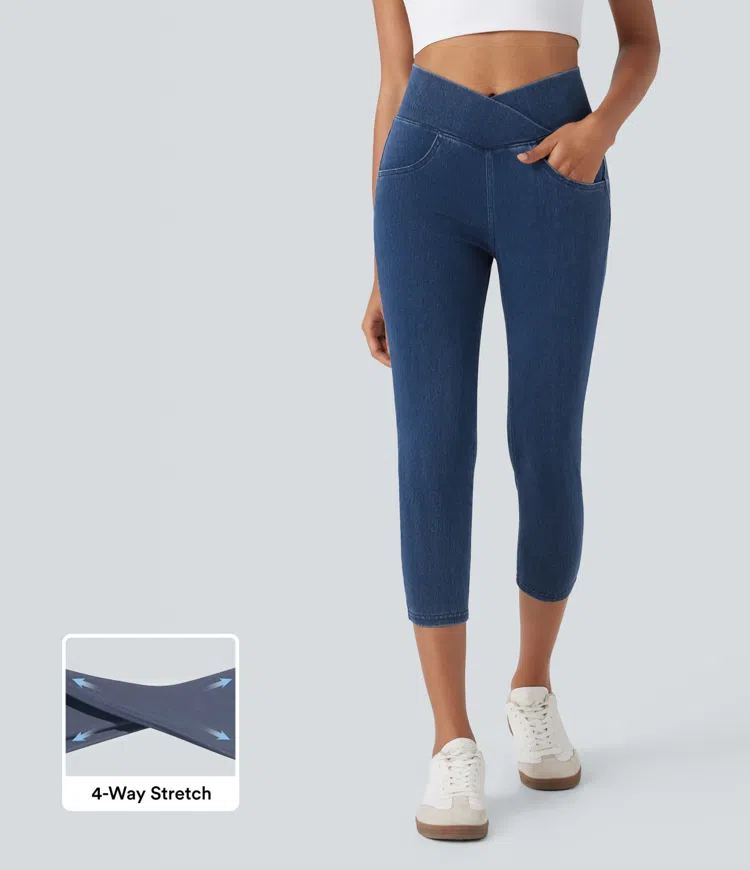 Washed Denim Bleached Blue Halara Flex™ Crossover High Waisted  Casual Capri Jegging with Pockets / 1