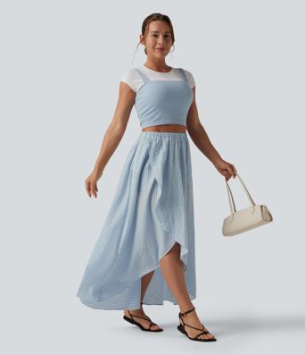 High Waisted High Low Plaid Flowy Midi Casual Linen-Feel Skirt with Pockets