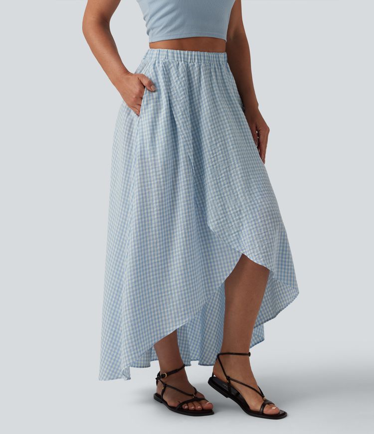 High Waisted High Low Plaid Flowy Midi Casual Linen-Feel Skirt with Pockets