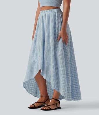 High Waisted High Low Plaid Flowy Midi Casual Linen-Feel Skirt with Pockets