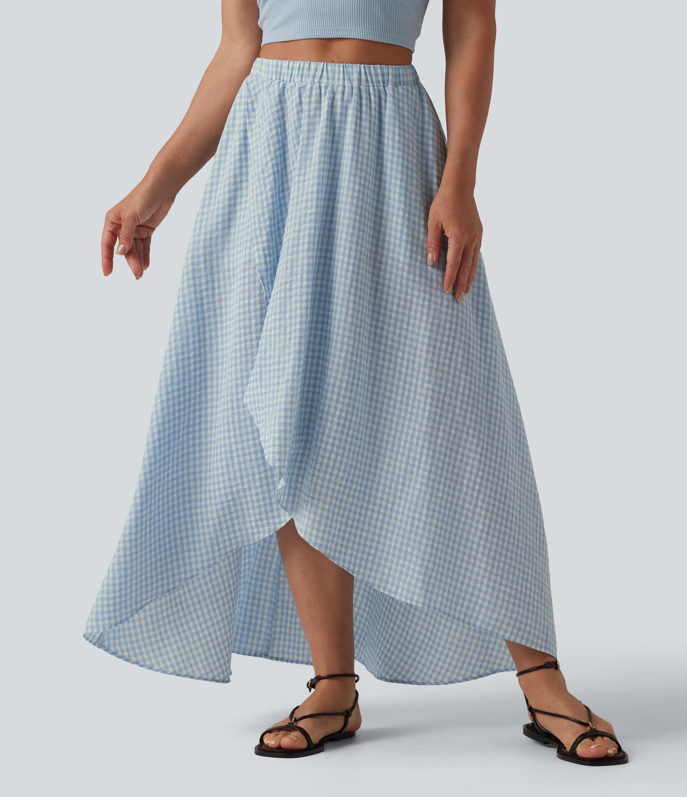 High Waisted High Low Plaid Flowy Midi Casual Linen-Feel Skirt with Pockets