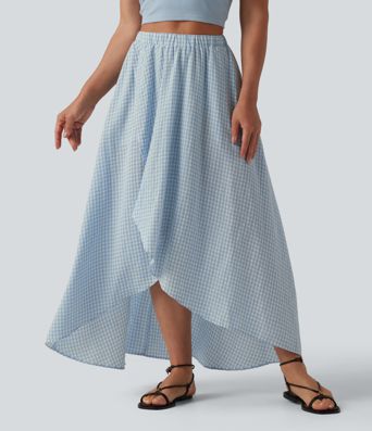 High Waisted High Low Plaid Flowy Midi Casual Linen-Feel Skirt with Pockets