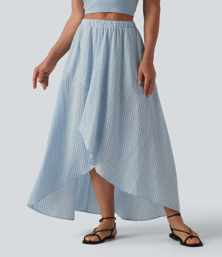High Waisted High Low Plaid Flowy Midi Casual Linen-Feel Skirt with Pockets