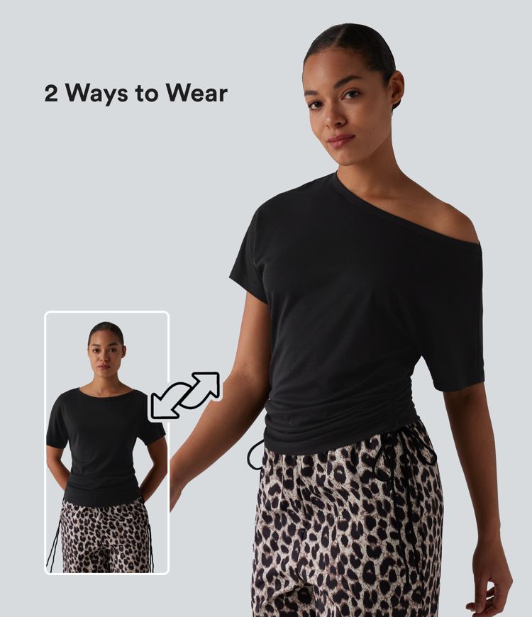 Lässiges One-Shoulder-Kurzarm-T-Shirt aus Wollmischung mit Kordelzug