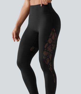 SoftlyZero™ High Waisted Contrast Lace Workout Leggings with Pocket-UPF50+