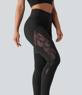 SoftlyZero™ High Waisted Contrast Lace Workout Leggings with Pocket-UPF50+