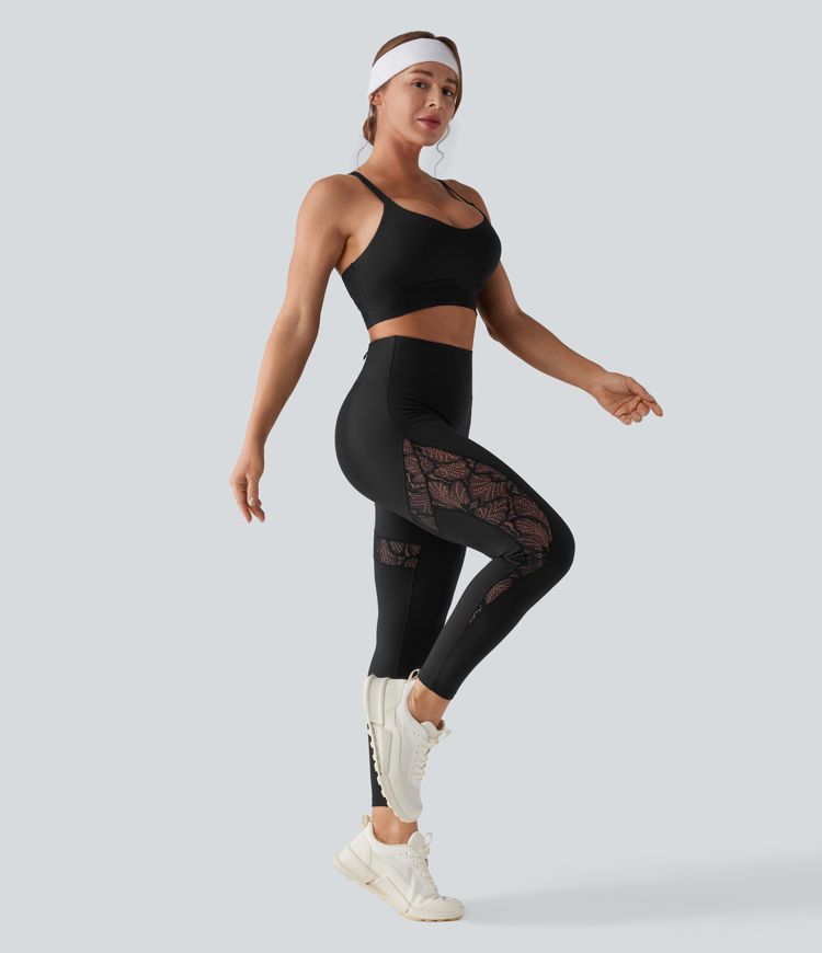 SoftlyZero™ High Waisted Contrast Lace Workout Leggings with Pocket-UPF50+