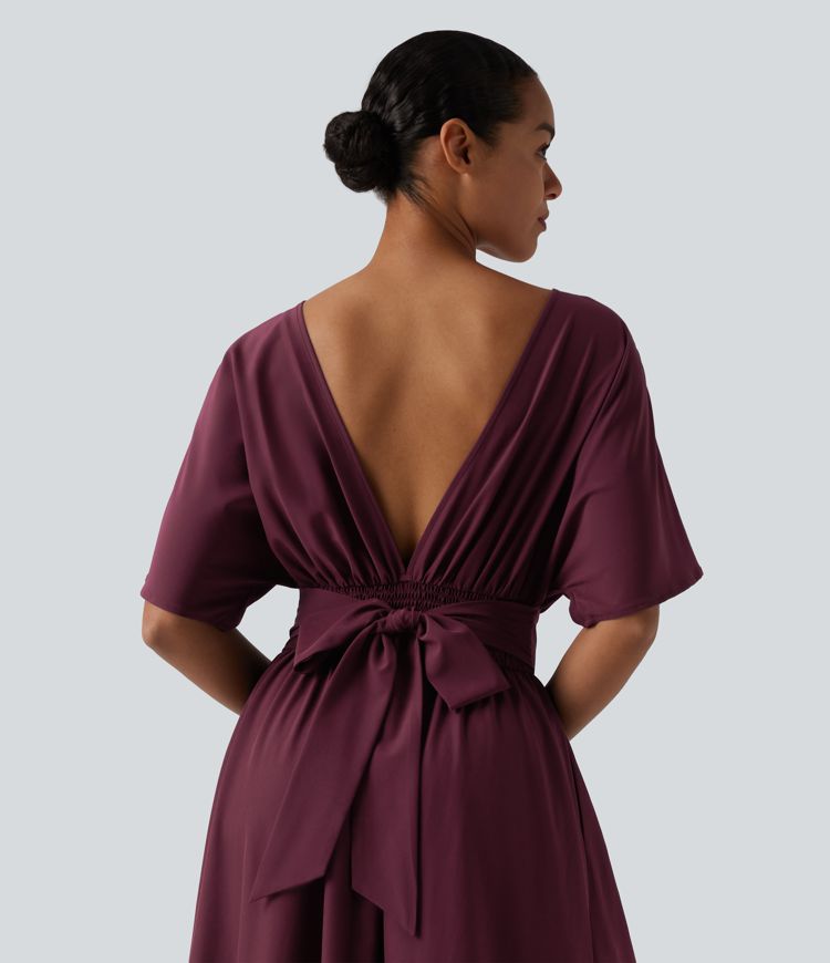 Robe midi décontractée col rond manches courtes avec nœud au dos et poches