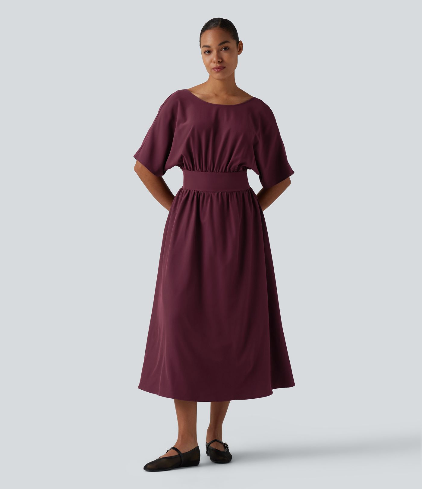 Robe midi décontractée col rond manches courtes avec nœud au dos et poches