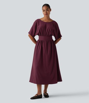 Robe midi décontractée col rond manches courtes avec nœud au dos et poches