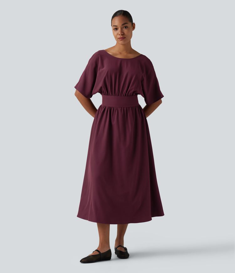 Robe midi décontractée col rond manches courtes avec nœud au dos et poches