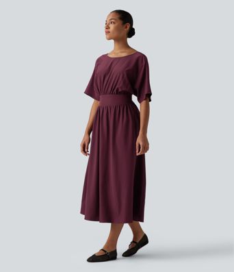 Robe midi décontractée col rond manches courtes avec nœud au dos et poches