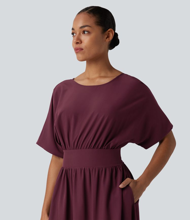 Robe midi décontractée col rond manches courtes avec nœud au dos et poches