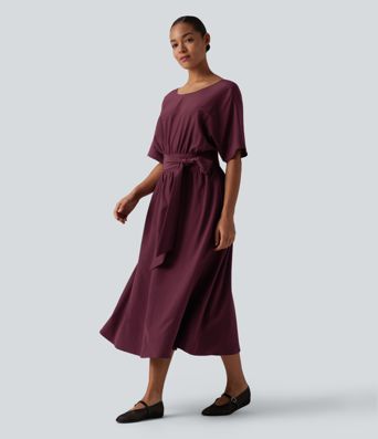 Robe midi décontractée col rond manches courtes avec nœud au dos et poches