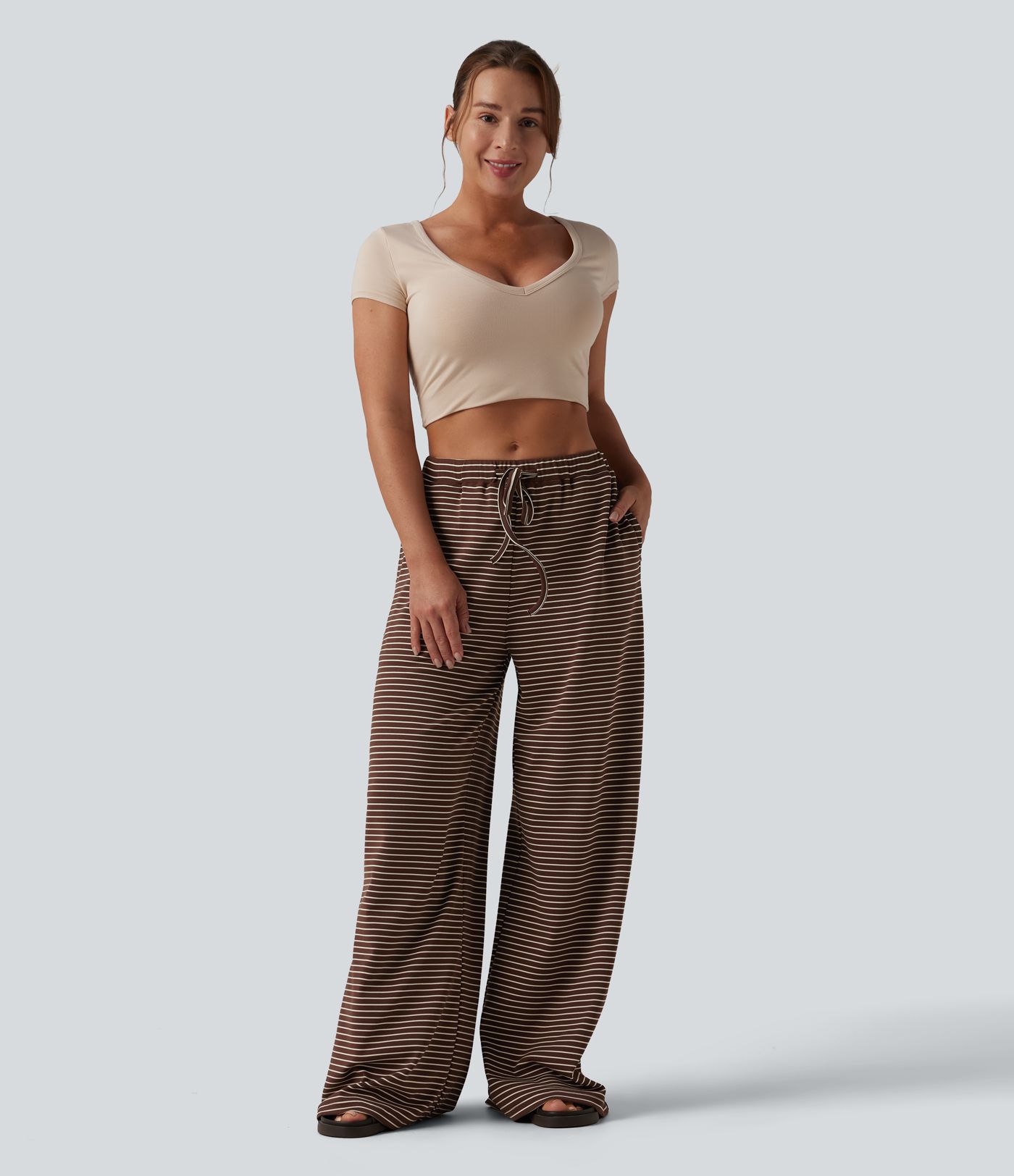 High Waisted Drawstring Stripes Casual Baggy Pants with Pockets