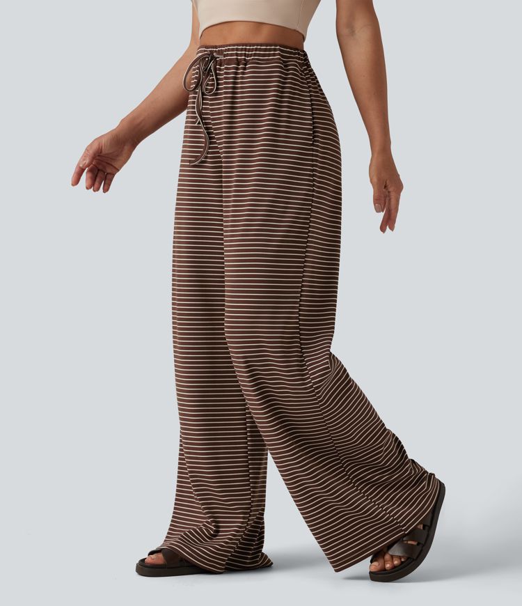 High Waisted Drawstring Stripes Casual Baggy Pants with Pockets