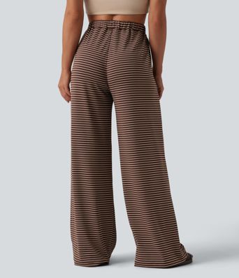 High Waisted Drawstring Stripes Casual Baggy Pants with Pockets