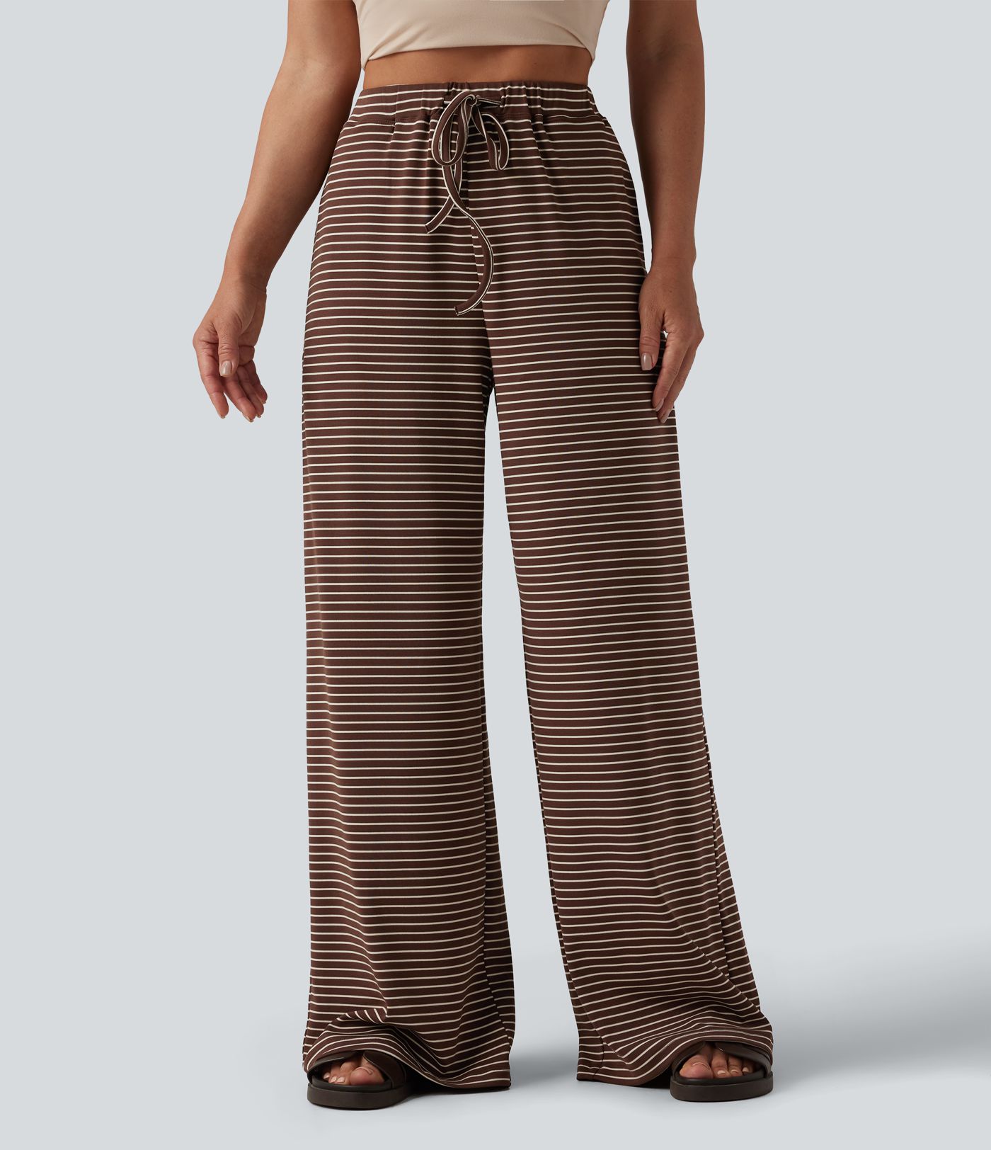High Waisted Drawstring Stripes Casual Baggy Pants with Pockets