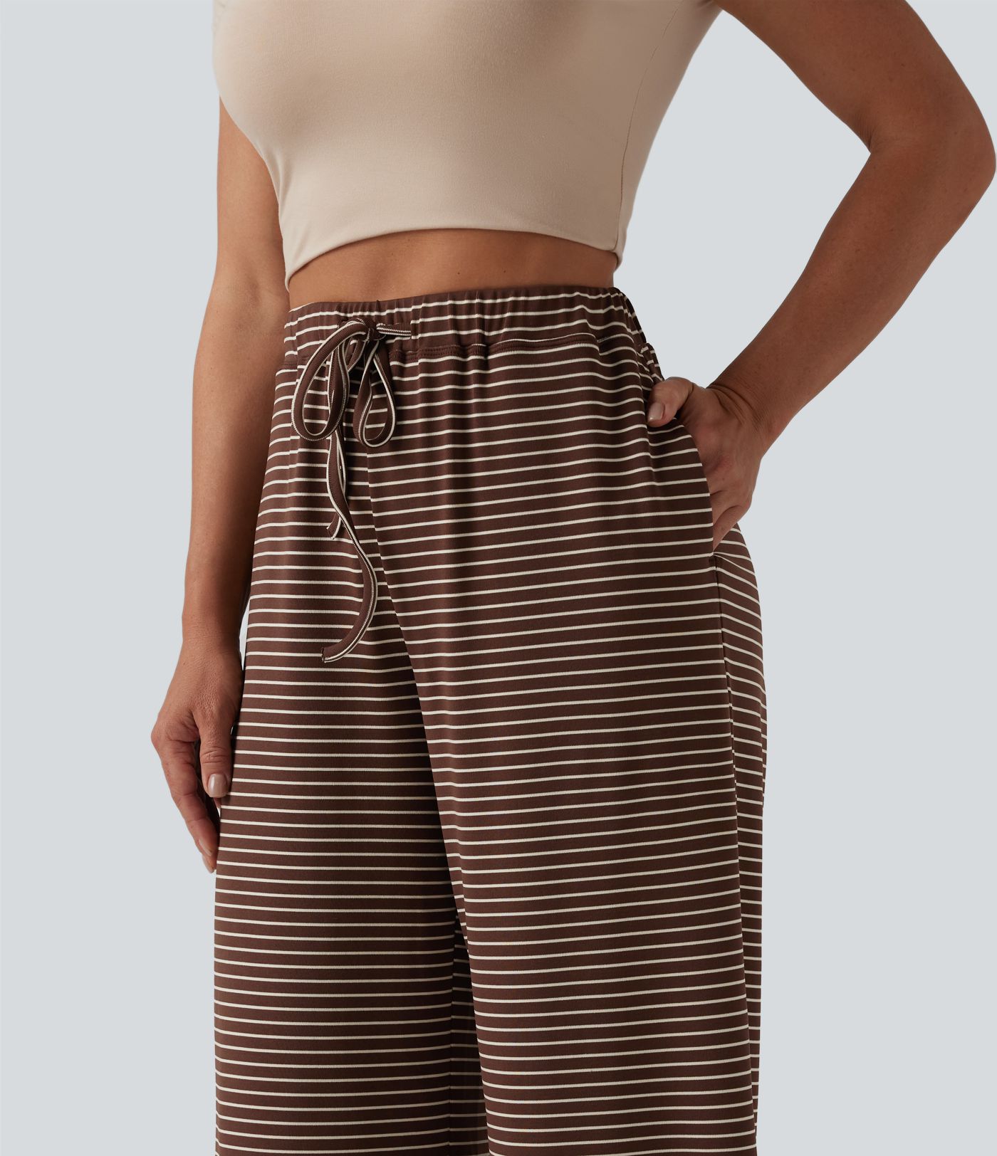 High Waisted Drawstring Stripes Casual Baggy Pants with Pockets