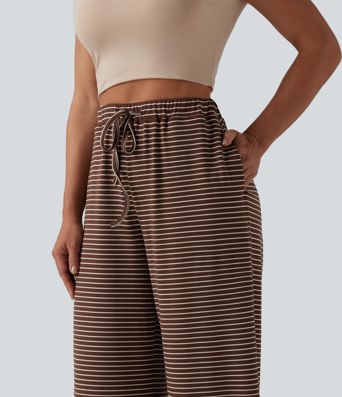 High Waisted Drawstring Stripes Casual Baggy Pants with Pockets