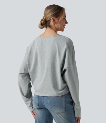 Halara Cotton Jersey - Lässiges, schulterfreies T-Shirt aus Baumwolle mit V-Ausschnitt und langen Ärmeln