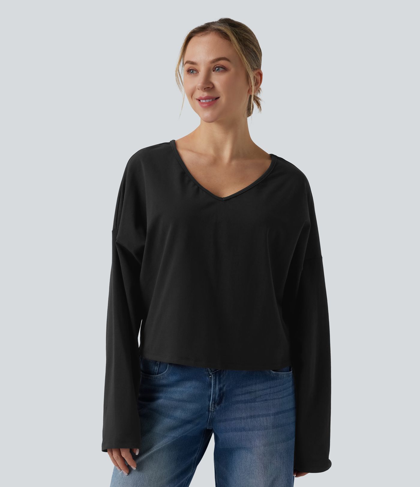 Halara Cotton Jersey V-neck Dropped Shoulder Long Sleeve Casual T-Shirt