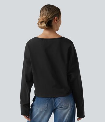 Halara Cotton Jersey V-neck Dropped Shoulder Long Sleeve Casual T-Shirt