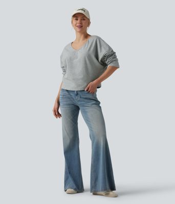 Halara Cotton Jersey - Lässiges, schulterfreies T-Shirt aus Baumwolle mit V-Ausschnitt und langen Ärmeln