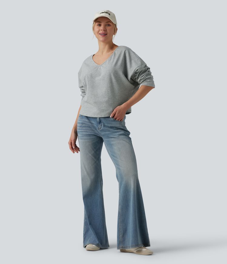 Halara Cotton Jersey - Lässiges, schulterfreies T-Shirt aus Baumwolle mit V-Ausschnitt und langen Ärmeln