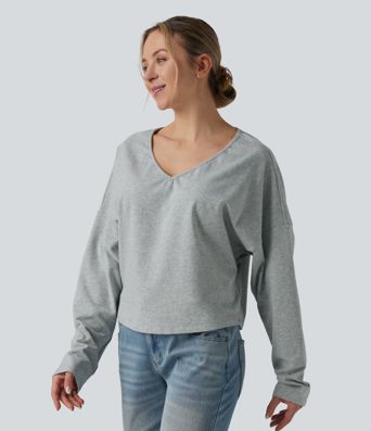 Halara Cotton Jersey V-neck Dropped Shoulder Long Sleeve Casual T-Shirt