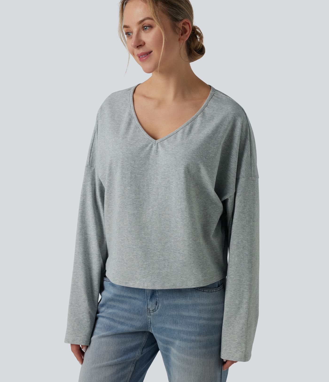 Halara Cotton Jersey - Lässiges, schulterfreies T-Shirt aus Baumwolle mit V-Ausschnitt und langen Ärmeln