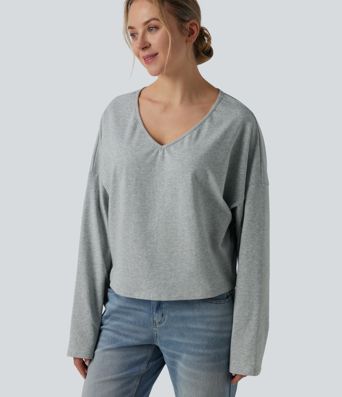 Halara Cotton Jersey - Lässiges, schulterfreies T-Shirt aus Baumwolle mit V-Ausschnitt und langen Ärmeln