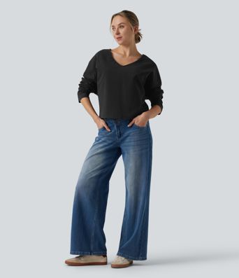 Halara Cotton Jersey V-neck Dropped Shoulder Long Sleeve Casual T-Shirt