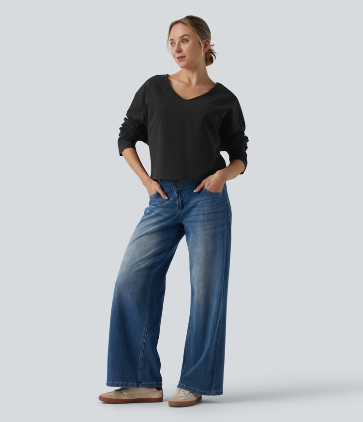 Halara Cotton Jersey V-neck Dropped Shoulder Long Sleeve Casual T-Shirt