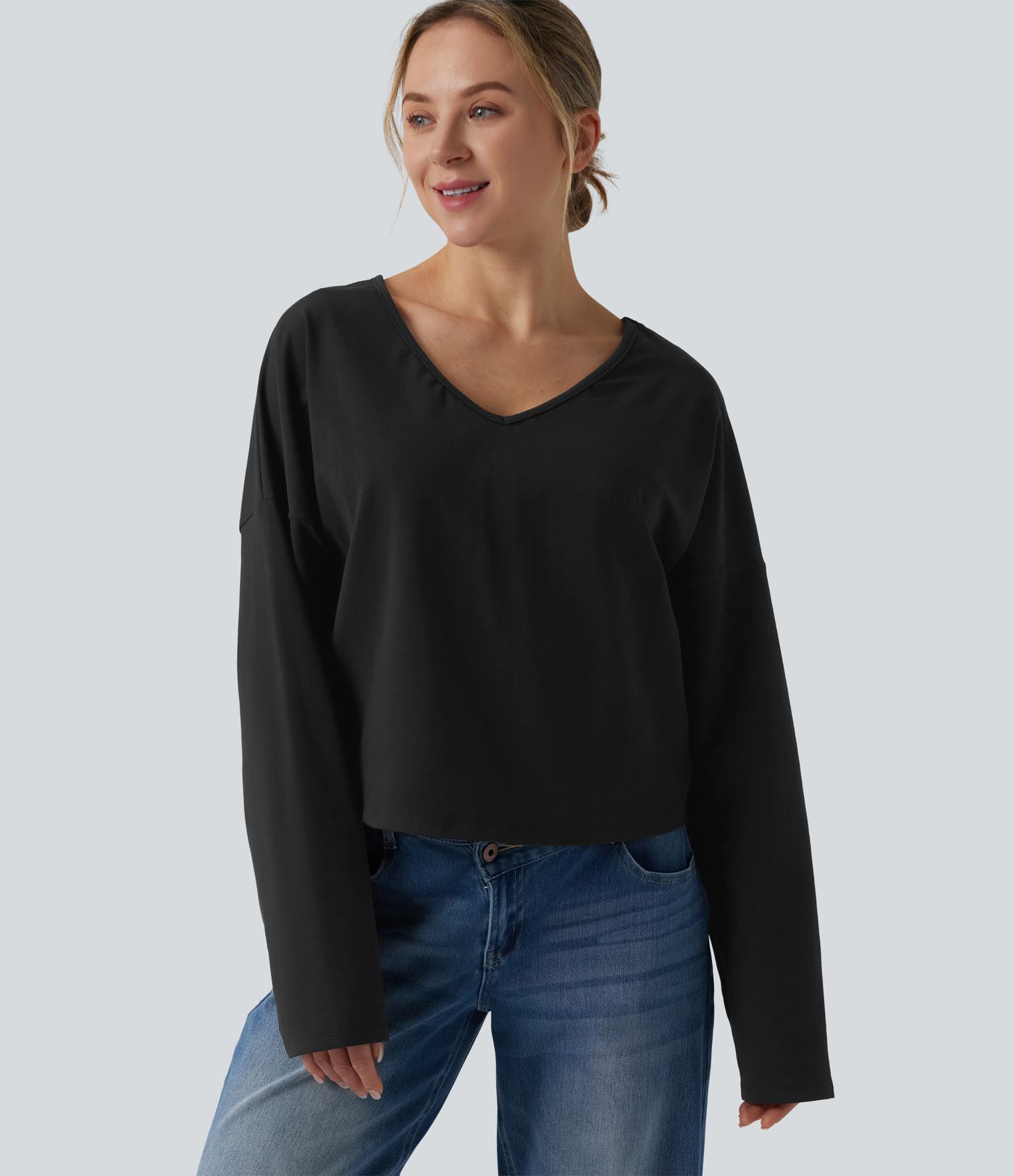 Halara Cotton Jersey V-neck Dropped Shoulder Long Sleeve Casual T-Shirt