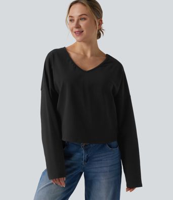Halara Cotton Jersey V-neck Dropped Shoulder Long Sleeve Casual T-Shirt