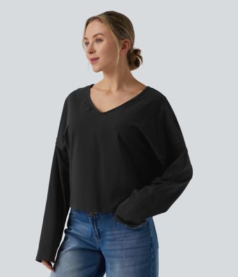 Halara Cotton Jersey V-neck Dropped Shoulder Long Sleeve Casual T-Shirt