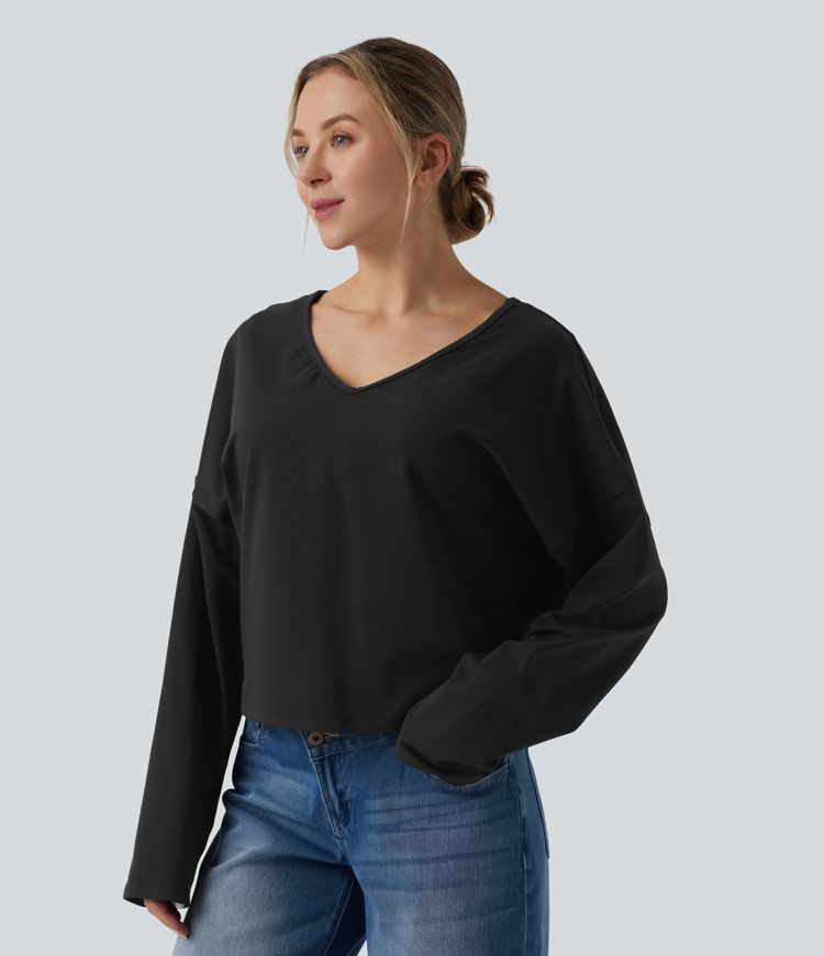 Halara Cotton Jersey V-neck Dropped Shoulder Long Sleeve Casual T-Shirt