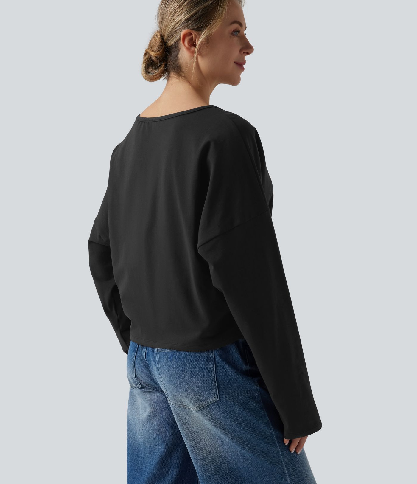 Halara Cotton Jersey V-neck Dropped Shoulder Long Sleeve Casual T-Shirt