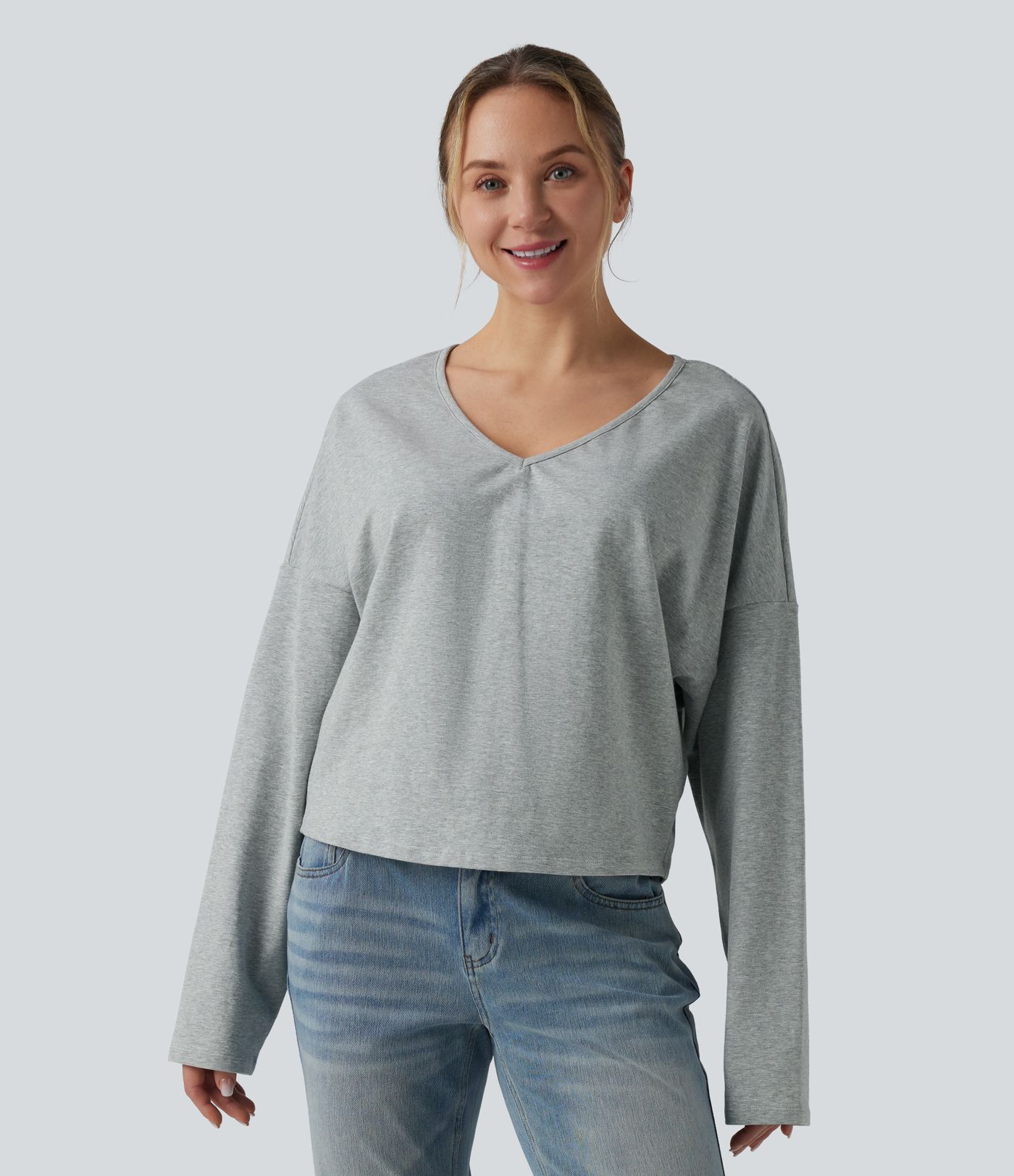 Halara Cotton Jersey - Lässiges, schulterfreies T-Shirt aus Baumwolle mit V-Ausschnitt und langen Ärmeln