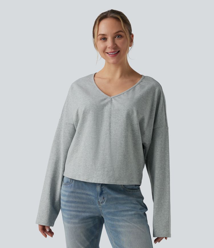 Halara Cotton Jersey - Lässiges, schulterfreies T-Shirt aus Baumwolle mit V-Ausschnitt und langen Ärmeln