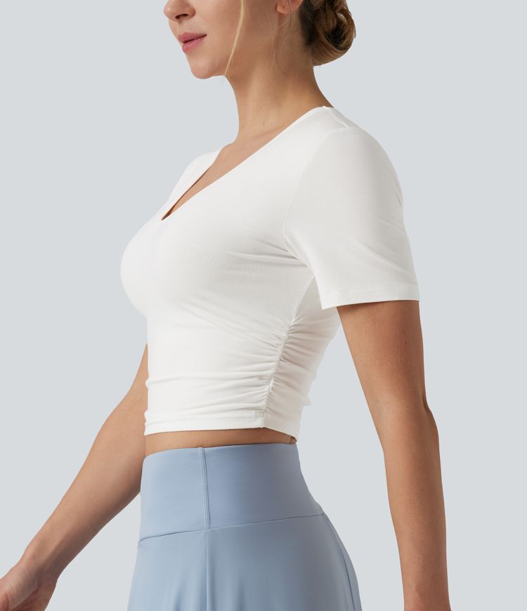 V Neck Short Sleeve Cropped Casual T-Shirt