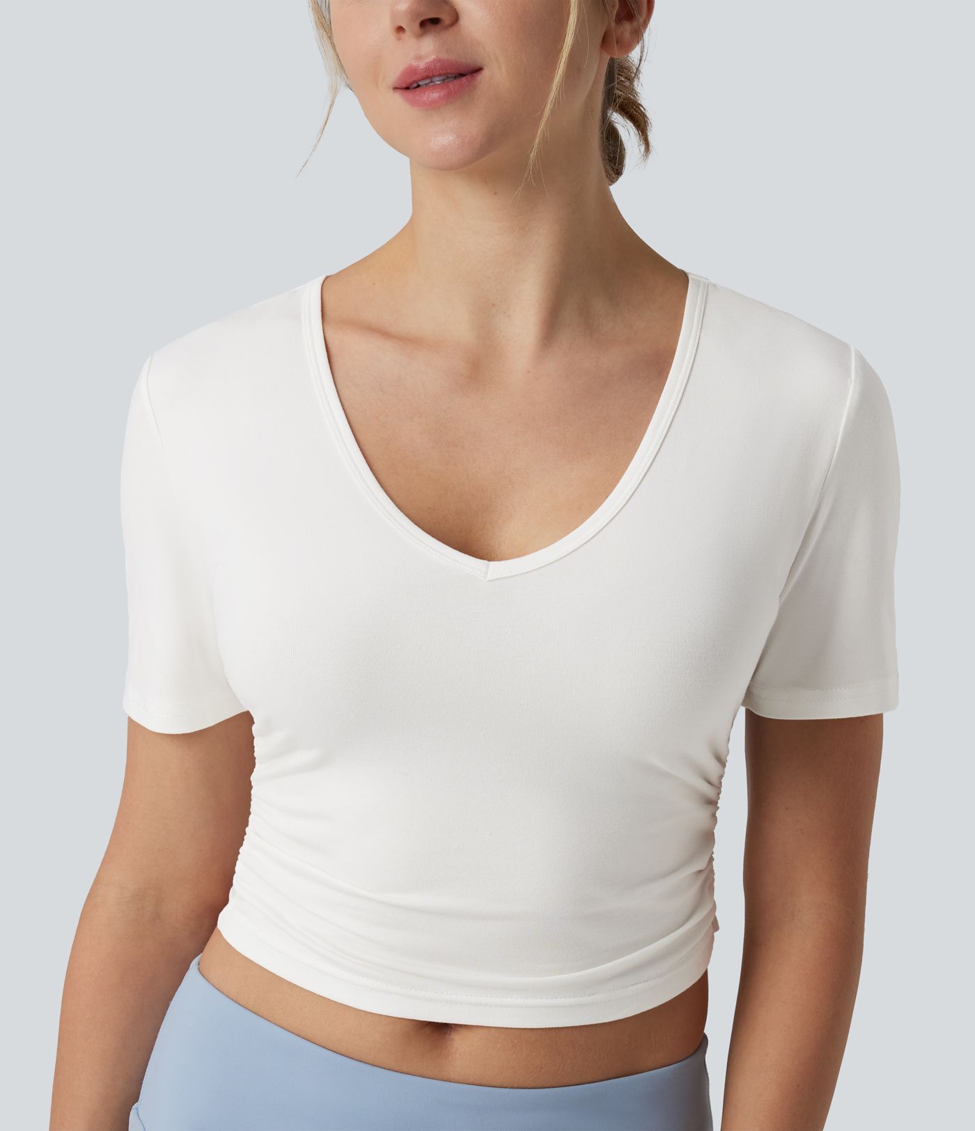 V Neck Short Sleeve Cropped Casual T-Shirt