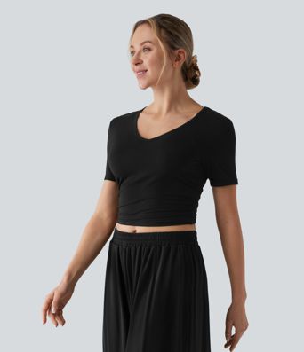 V Neck Short Sleeve Cropped Casual T-Shirt