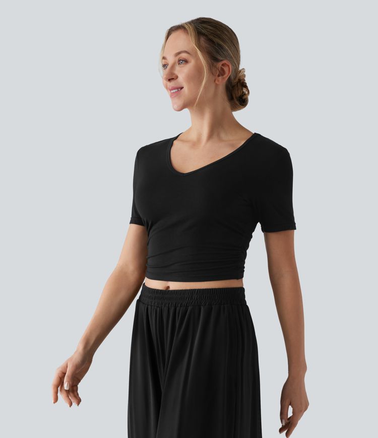V Neck Short Sleeve Cropped Casual T-Shirt